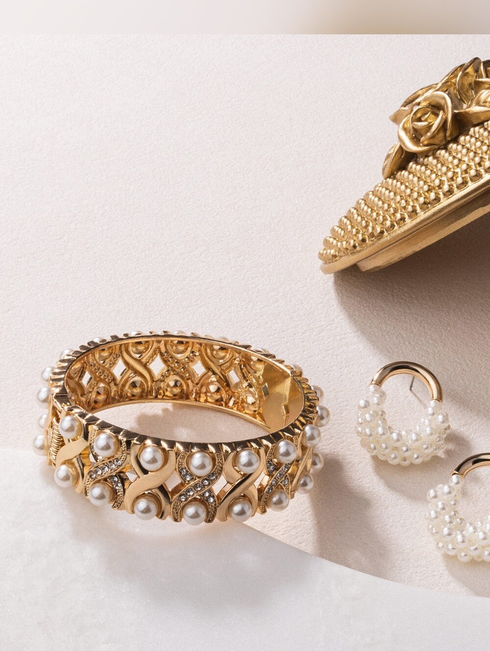 Gold Pearl-Accented Bangle and Hoop Earring Set